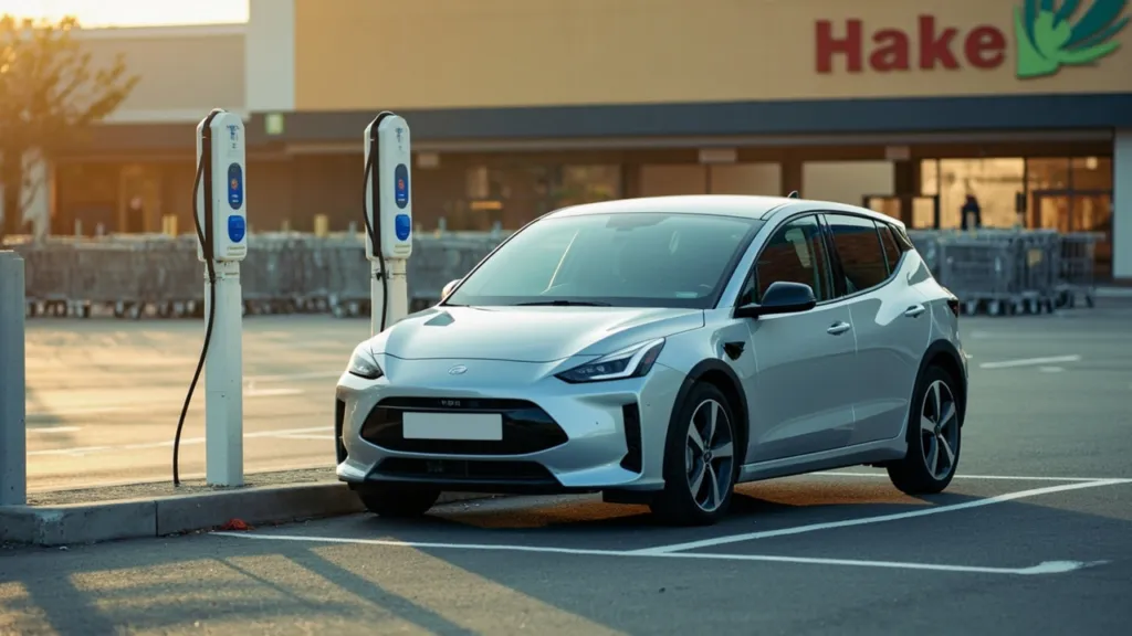 Symbolbild: Detailaufnahme zum Thema „E-Auto laden bei Kaufland“