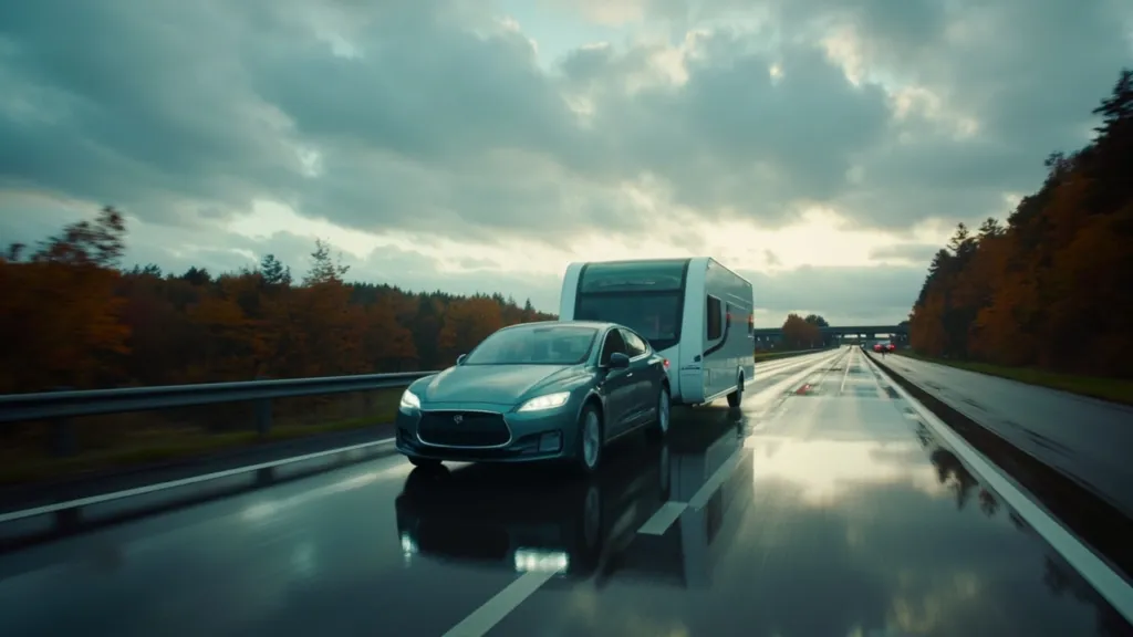 Symbolbild: Detailaufnahme zum Thema „E-Auto mit Wohnwagen“