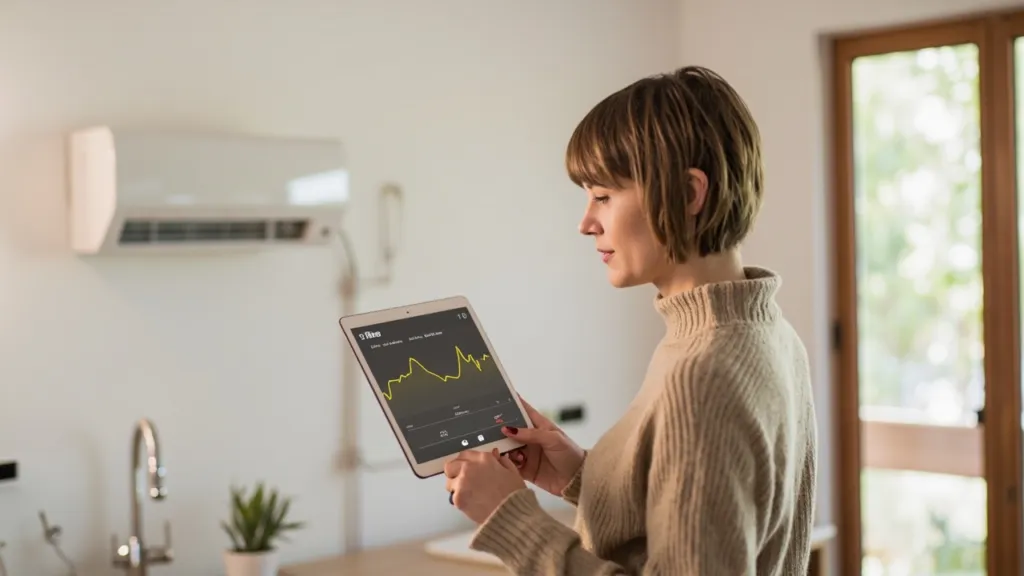 Hausbesitzerin kontrolliert die Wärmepumpe im Technikraum und überwacht den PV-Eigenstrom auf dem Tablet
