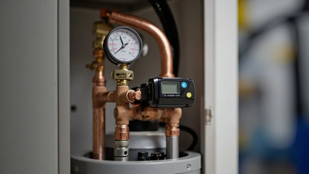 Offener Technikschrank einer Wärmepumpe mit Rohrleitungen, Manometer und digitaler Steuerung im Keller