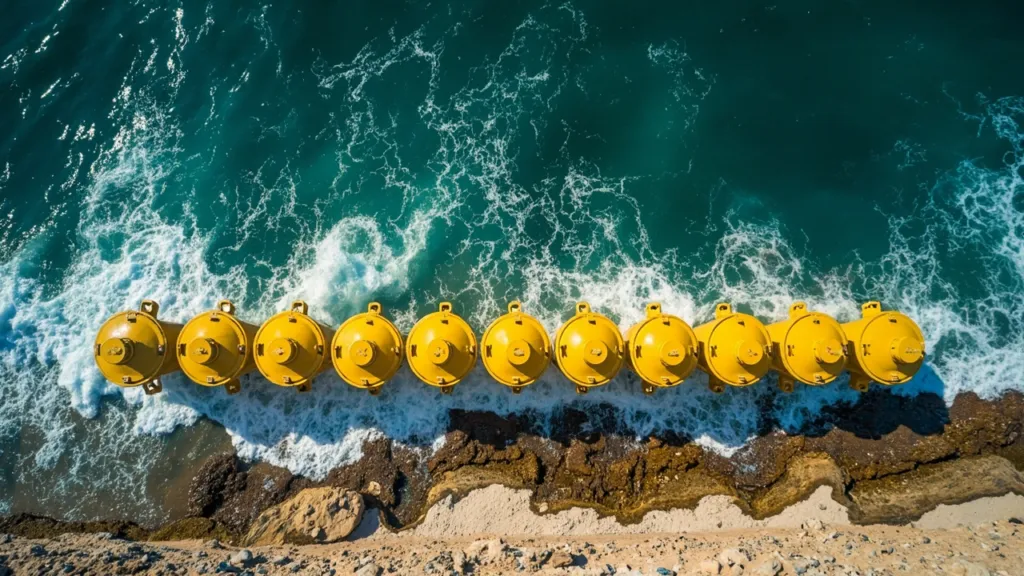 Lufbild: Reihe gelber Wellenenergie-Konverter vor iberischer Küste, türkisfarbene Dünung, weißer Schaum