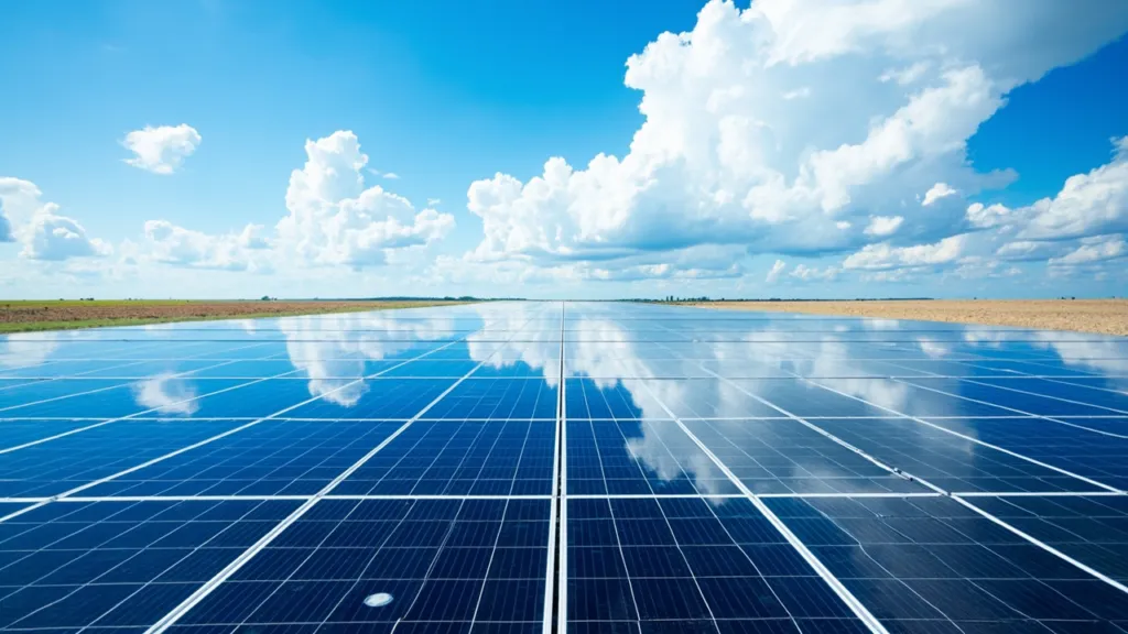 Reihen von Solarmodulen aus niedriger Perspektive, geometrisches Muster vor blauem Himmel mit Schäfchenwolken auf freiem