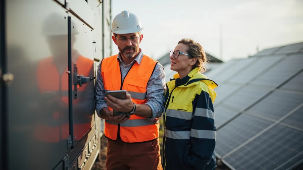 Ingenieur mit Tablet prüft einen Batteriespeicher, Kollegin steht im Hintergrund zwischen Solarmodulen auf einer