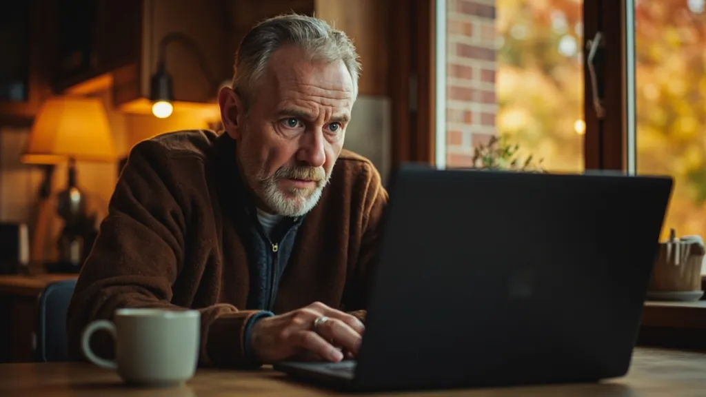 Mann mittleren Alters am Küchentisch, blickt besorgt auf Laptop mit Stromrechnung, warmes Innenlicht.