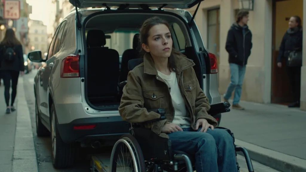 Junge Frau im Rollstuhl steigt über eine ausgeklappte Rampe in ein kleines Elektroauto ein, enge Gasse.