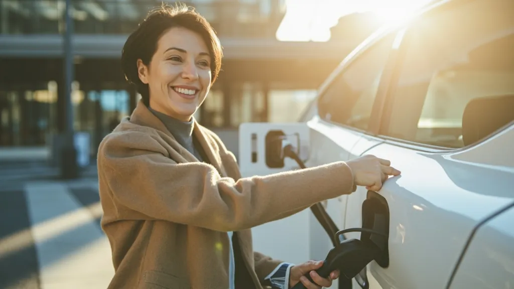 Frau Anfang 30 mit kurzen Haaren und beigem Mantel schließt ein E-Auto an einer modernen Ladestation an