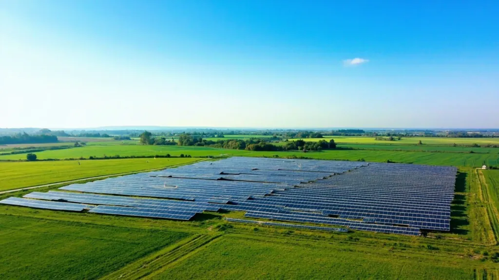 Luftaufnahme eines großen Solarparks in der deutschen Landschaft mit geometrisch angeordneten Photovoltaik-Modulen