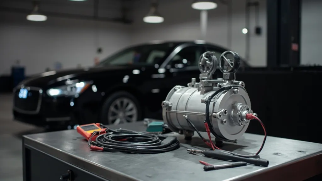 Metall-Werkstatttisch mit ausgebautem Wärmepumpen-Kompressor, Drehmomentschlüssel und Multimeter, Elektroauto unscharf im