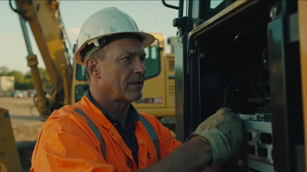 Bauarbeiter in Warnweste und Helm prüft das Batteriefach eines elektrischen Baggers auf der Baustelle