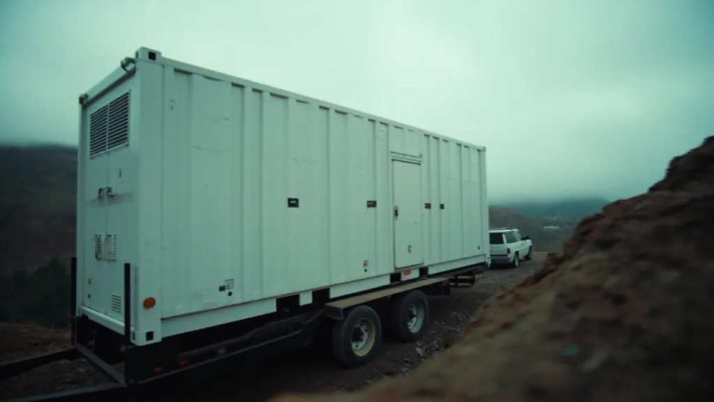 Weißer Batteriespeichercontainer auf einem Tieflader neben einem Erdwall auf einer Baustelle