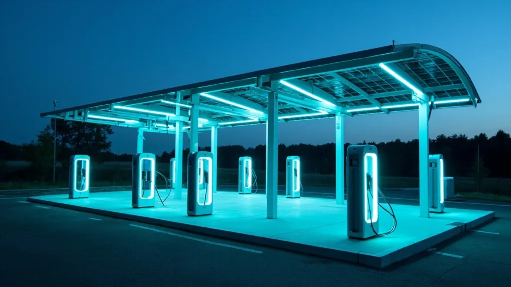 Modernes Schnelllade-Park mit Solardach, sechs Ladesäulen mit blauen LED-Streifen, deutsche Landschaft, blaue Stunde