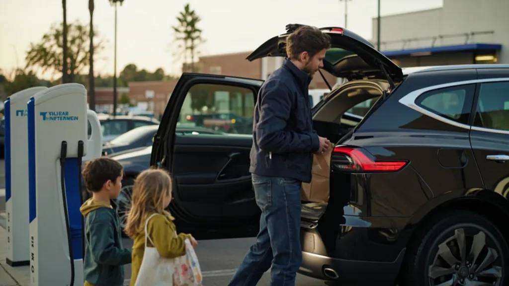 Junger Vater lädt Einkäufe aus einem schwarzen E-SUV auf einem Supermarkt-Parkplatz, zwei Kinder neben einer
