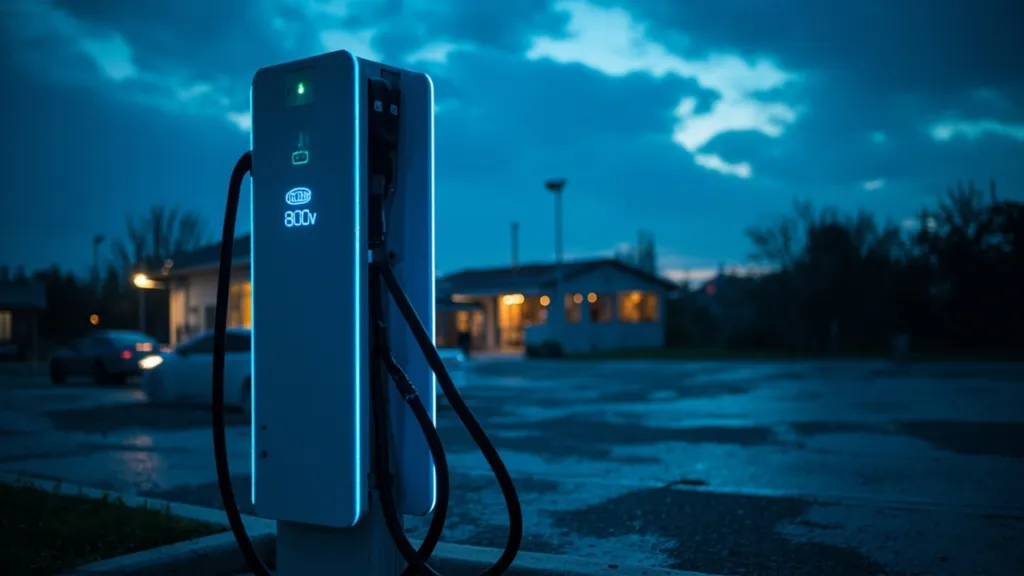 Moderne Schnellladestation bei Dämmerung mit blau leuchtendem 800V-Display und aufgewickeltem Ladekabel