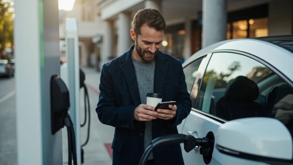 Mann um die 30 in dunklem Mantel steht mit Kaffeebecher neben seinem ladenden Elektroauto und prüft das Smartphone