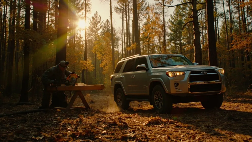 Mobile Energie im Wald: SUV betreibt eine Kreissäge auf einem Holzbock bei goldener Abendsonne.