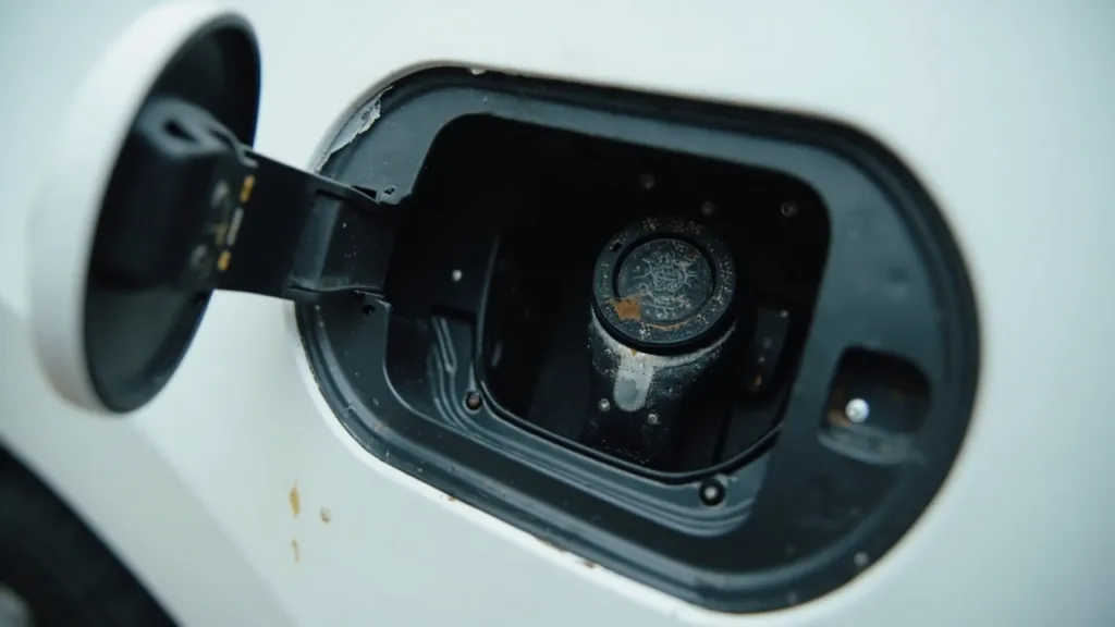 Nahaufnahme einer verstaubten Ladebuchse an einem weißen Elektroauto, Gummiklappe geöffnet, Schmutz am Stecker