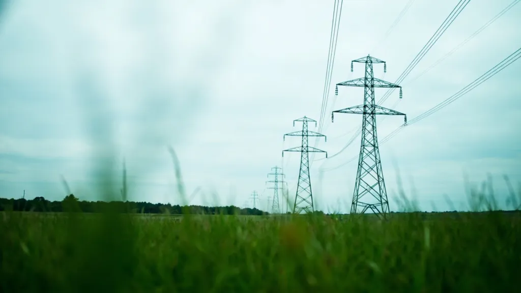 Stahlstrommasten mit Hochspannungsleitungen führen über eine grüne deutsche Landschaft