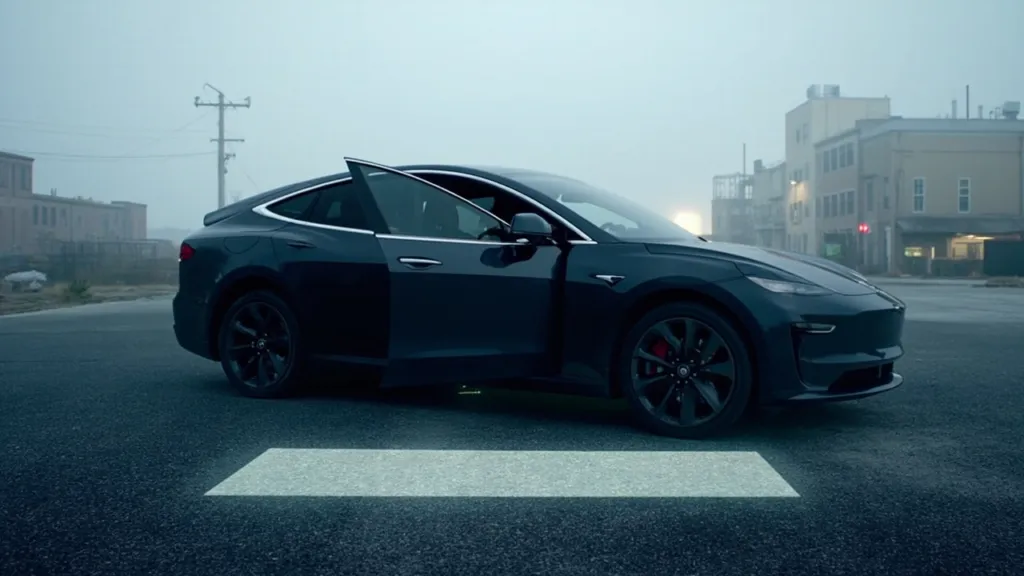 Elektroauto parkt über einem im Asphalt eingelassenen kabellosen Ladestreifen auf einem Testgelände, menschenleer.