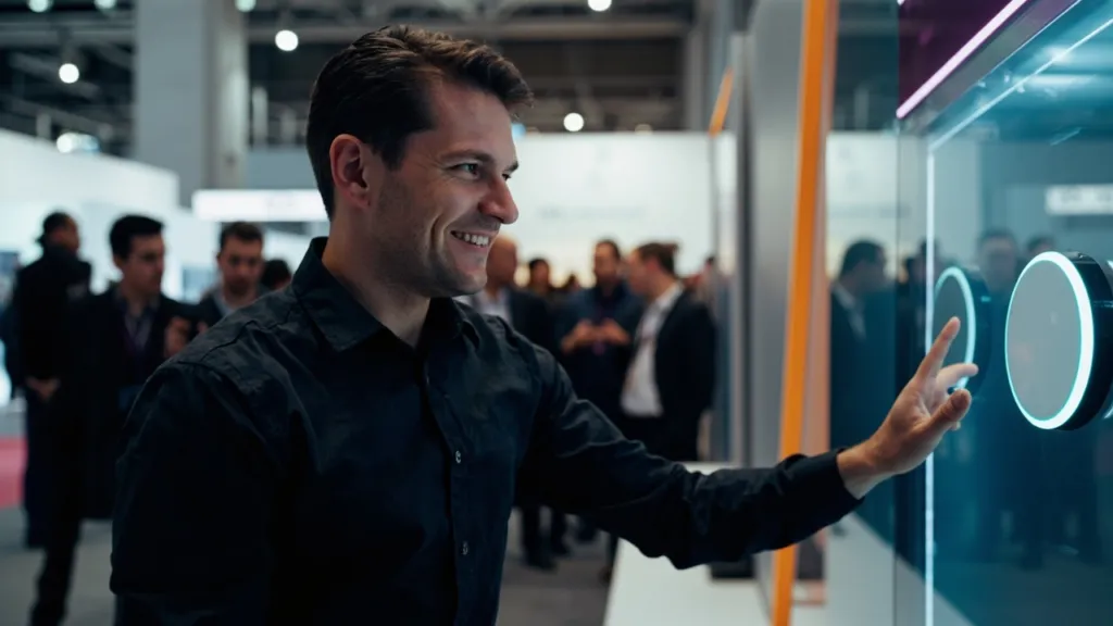 Junger Produktmanager in dunklem Hemd demonstriert kabellose Ladetechnologie am IAA-Messestand in Hannover.