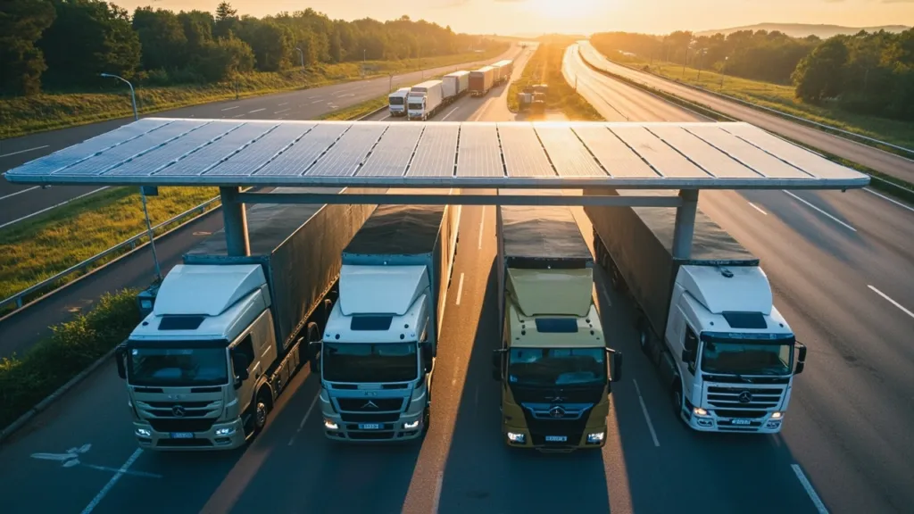 Luftaufnahme einer modernen Lkw-Schnellladestation mit Solardach und überdachten Ladepunkten