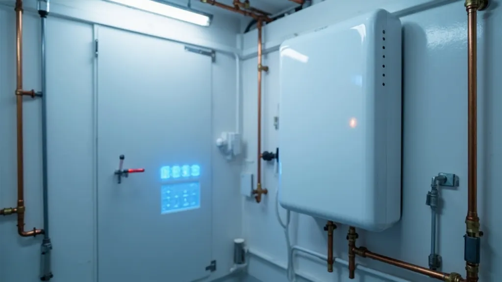Rechteckiger Heimspeicher mit blauen LED-Anzeigen an einer weißen Wand im Hauswirtschaftsraum, Kupferrohre daneben.