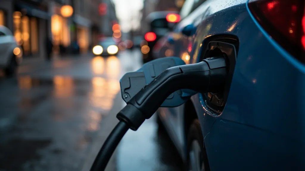 E-Auto-Ladekabel eingesteckt an einer Ladesäule, urbane Abendstimmung, Detailaufnahme