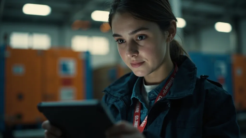 Junge Logistik-Dispatcherin inspiziert Tablet im modernen E-Lkw Depot, konzentrierter Gesichtsausdruck.