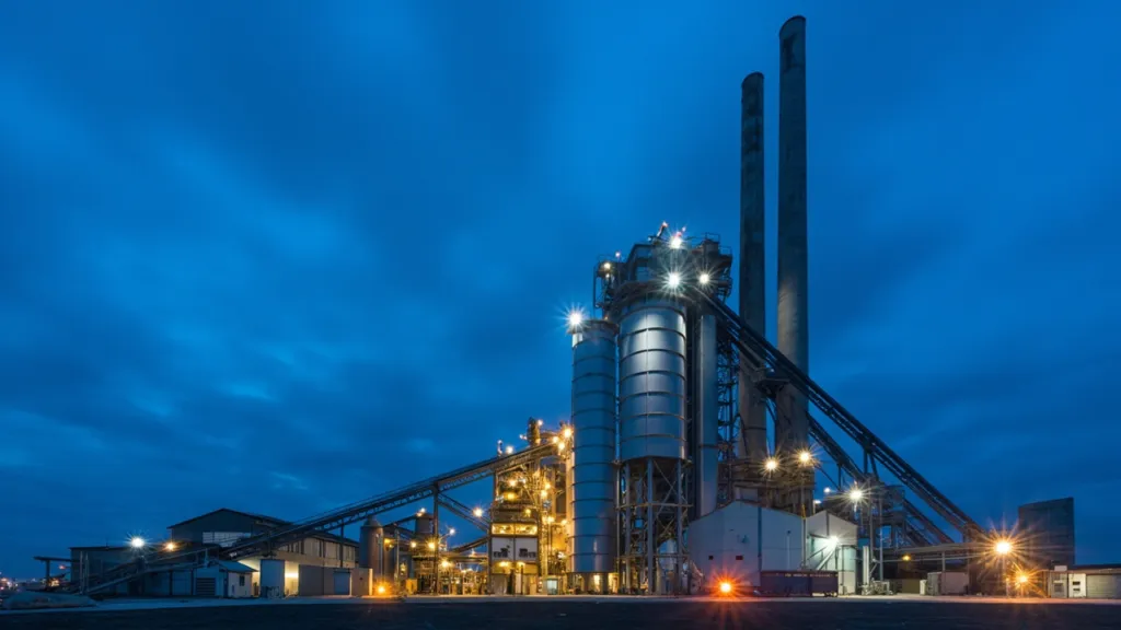Außenansicht eines modernen Zementwerks mit hohen Schornsteinen und Silos in der Abenddämmerung