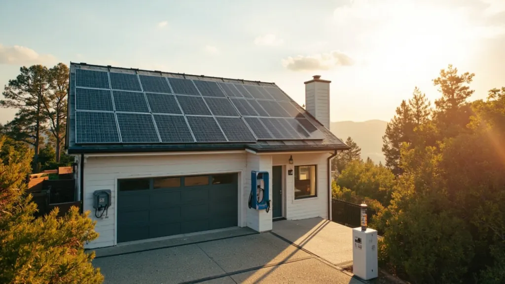 Einfamilienhaus mit Photovoltaik-Dachanlage, Batteriespeicher und Wallbox an der Garage