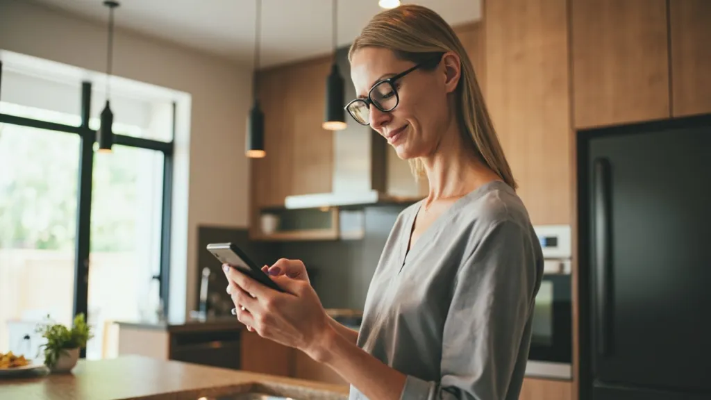 Hausbesitzerin prüft auf dem Smartphone die Ertragsdaten ihrer Solaranlage in der Küche