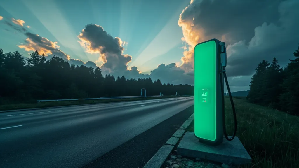 Moderne Schnellladesäule an einem Autobahn-Rastplatz unter dramatischen Wolken mit grün leuchtender Statusanzeige.