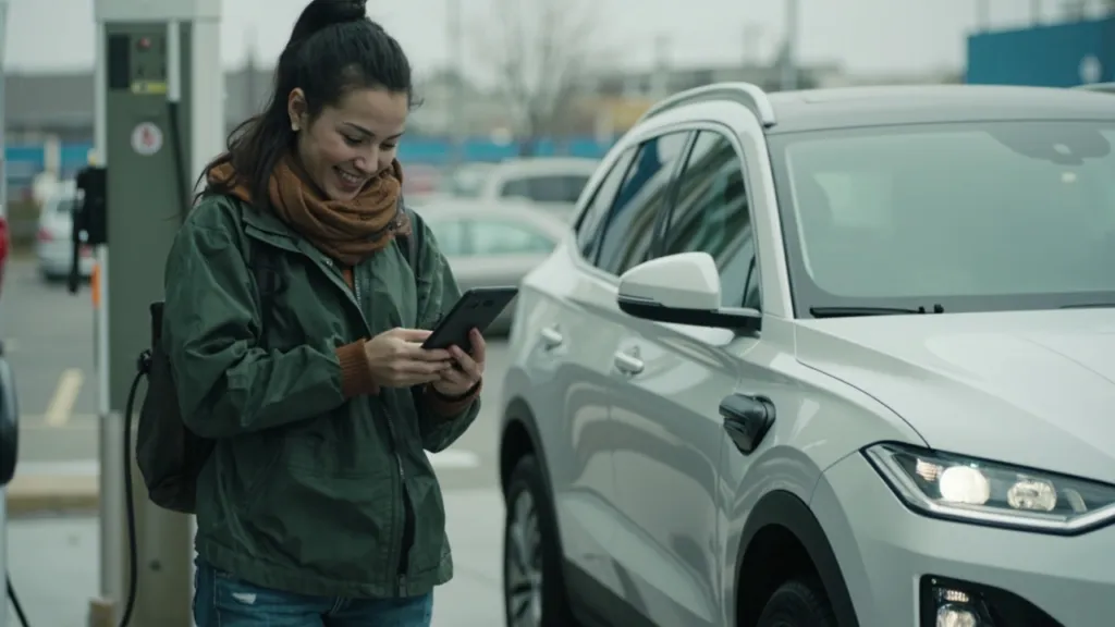 Junge Frau mit Pferdeschwanz in grüner Regenjacke plant lächelnd eine Route auf dem Tablet neben einem E-SUV an einer