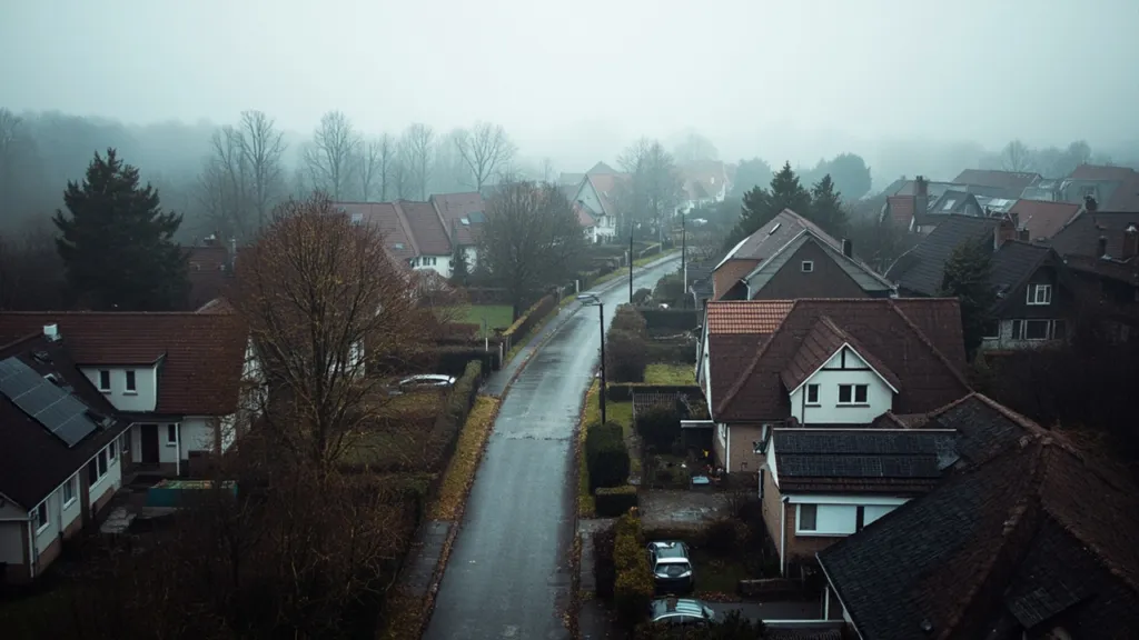 Übersicht einer deutschen Wohnsiedlung mit mehreren Häusern und neu installierten Solaranlagen auf den Dächern