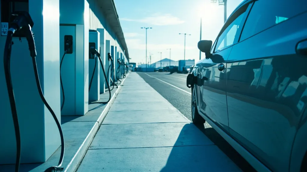 Leerer moderner Ladepark mit mehreren E-Auto-Ladestationen auf sauberem Beton, kühles Nachmittagslicht.
