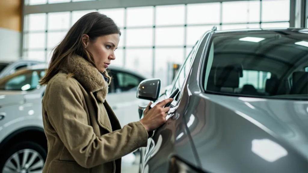 Frau in beigem Mantel begutachtet ein Elektroauto im Autohaus und hält dabei ein Smartphone in der Hand.