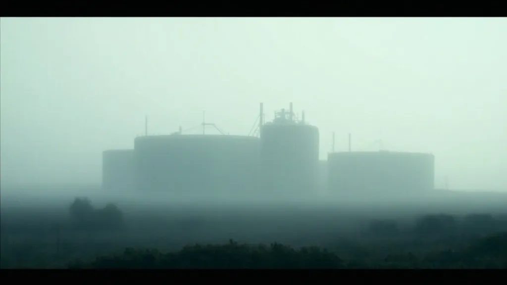 Industrielle Kugelspeicher fuer Gas in nebelverhangener Winterlandschaft.