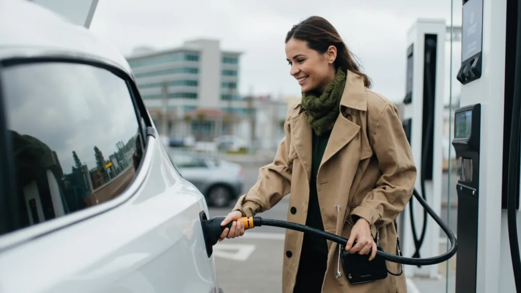 Junge Frau schließt ein Elektroauto an einer modernen Schnellladesäule in der Stadt an