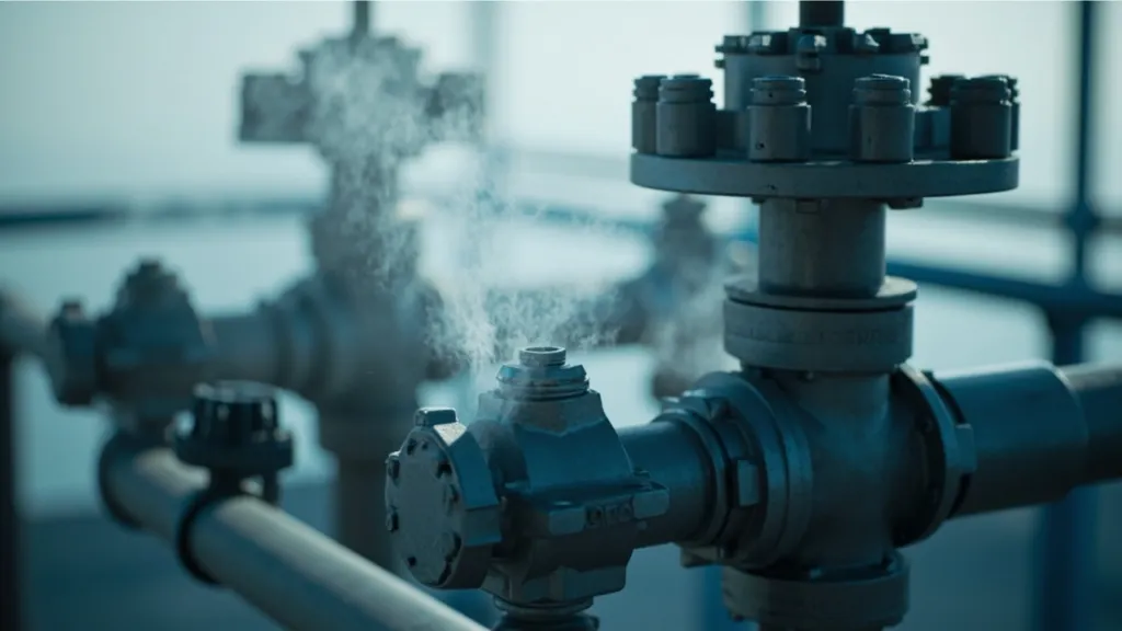 Detailaufnahme eines stählernen Bohrlochkopfes mit Ventilen, aus dem weißer Dampf austritt