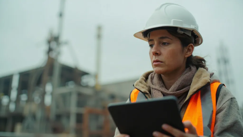 Ingenieurin Anfang dreißig mit Helm und Warnweste prüft Tablet auf einer Energieanlage im Freien