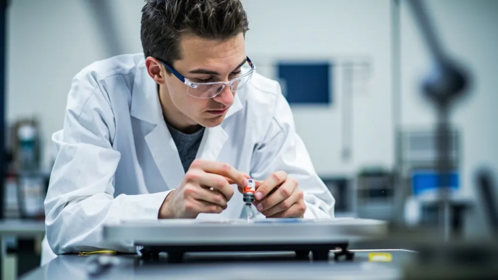 Ingenieur prueft einen kleinen Sensor an einem Versuchsaufbau mit Waermequelle.