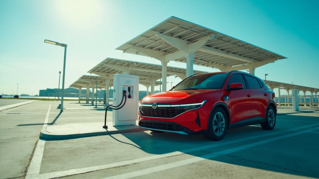 Vogelperspektive: Roter Geely E2 an einer Schnellladesaeule auf einem modernen Solar-Ladepark bei Mittagssonne.