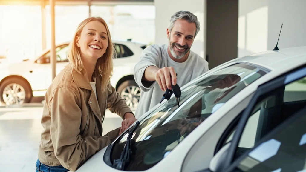 Junges Paar besichtigt einen Elektro-Kleinwagen in einem modernen Autohaus, gespannte Gesichter