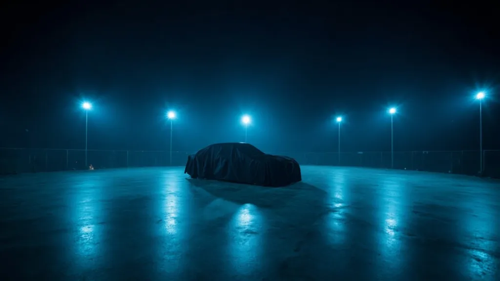 Verlassener Luxusautohaus bei Nacht mit einem abgedeckten Fahrzeug unter Strahlern
