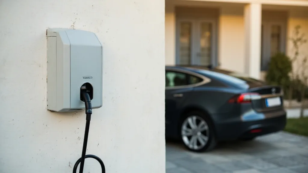 Fest installierte weisse Wallbox an einer hellen Hausfassade, ein dunkles Elektroauto parkt auf der Einfahrt.