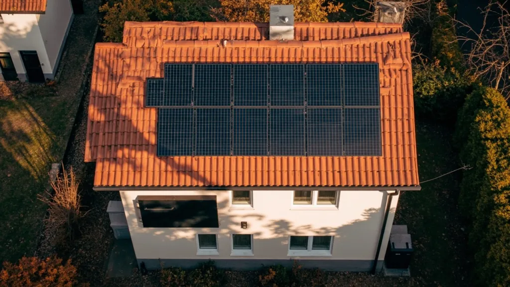 Luftaufnahme eines deutschen Einfamilienhauses mit Photovoltaikanlage auf Ziegeldach und schwarzem Batteriespeicher an der