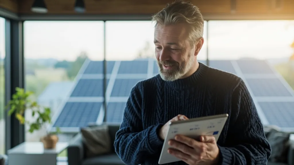 Mann um die 40 in marineblauem Pullover tippt auf Tablet mit Energieanzeige, Solarpanels im Hintergrund sichtbar.