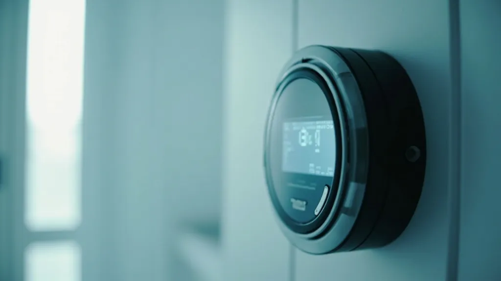 Nahaufnahme eines digitalen Stromzählers an einer weißen Wand, LED-Anzeige leuchtet im kühlen Tageslicht.