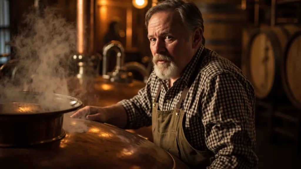 Brauer in kariertem Hemd und Schürze prüft dampfenden Kupferbraukessel in einer traditionellen Brauerei.