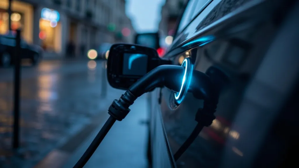 Nahaufnahme eines CCS2-Ladesteckers in der Ladebuchse eines Elektroautos auf nassem Kopfsteinpflaster.