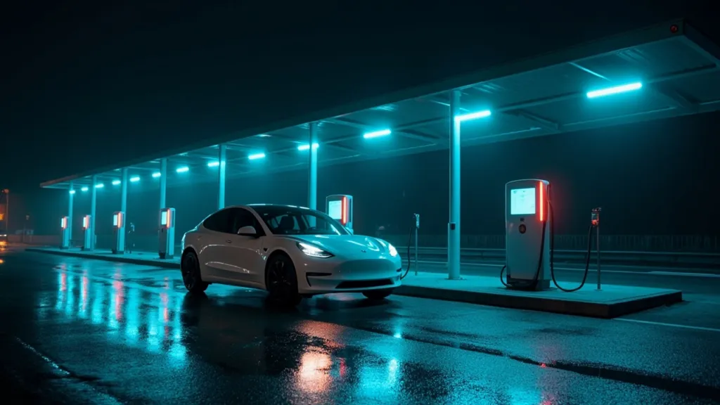 Nachts leuchtet eine Schnellladesäule bläulich an einem leeren Autobahn-Rastplatz, ein weißes E-Auto ist eingesteckt